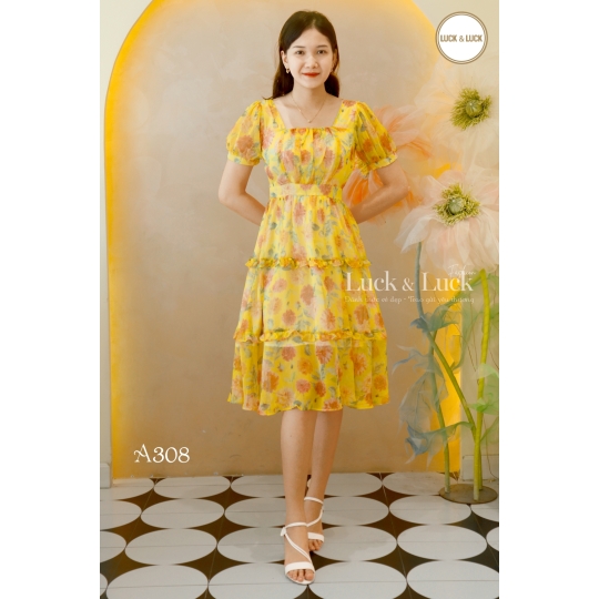 Váy công sở nữ liền thân đầm xòe thiết kế thắt eo dáng dài sang chảnh chất tơ họa tiết