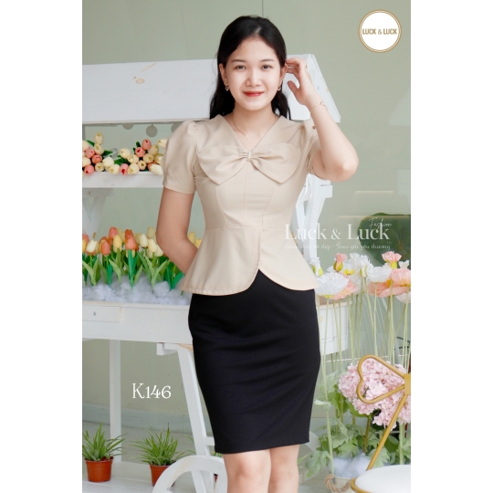 Áo sơ mi nữ công sở dáng peplum phối nơ cổ