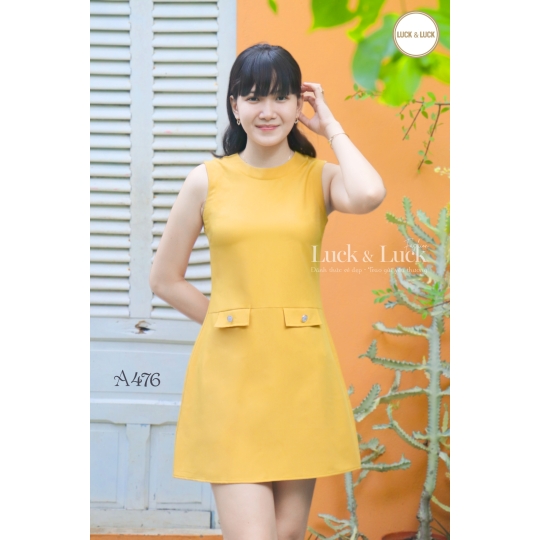 Đầm form A 2 túi trước - Màu Vàng