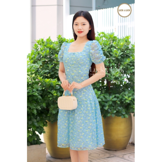 Đầm hoa cổ Vuông - Màu Xanh