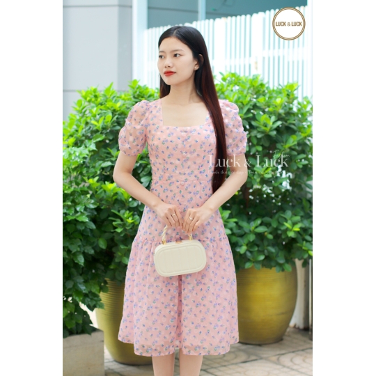 Đầm hoa cổ Vuông - Màu Tím
