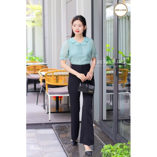 Áo sơ mi tay bồng cổ sen màu Xanh