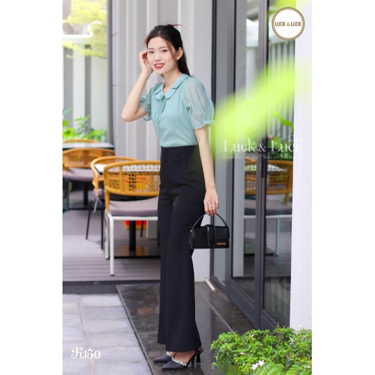 Áo sơ mi tay bồng cổ sen màu Xanh