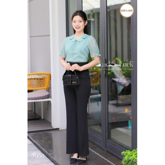 Áo sơ mi tay bồng cổ sen màu Xanh