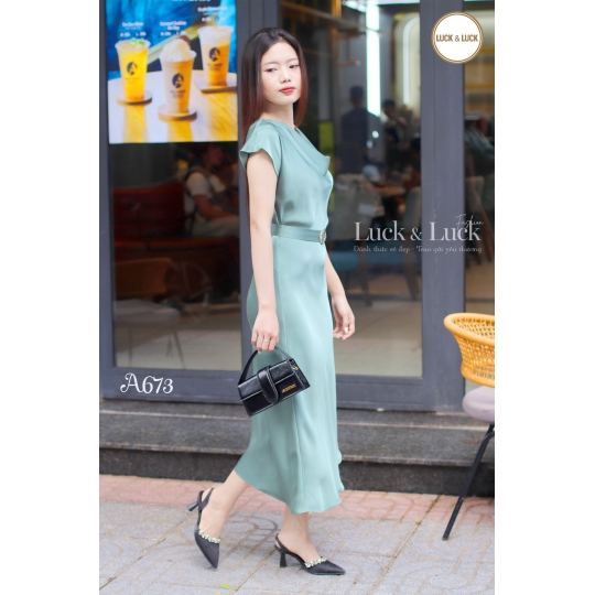 Đầm lụacổ đổ cài lưng - Màu Xanh Ngọc