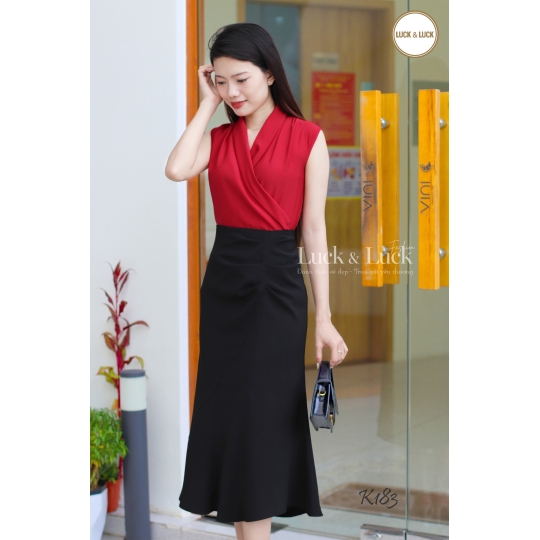 Áo lụa cổ V vạt chéo - Màu kem Đỏ