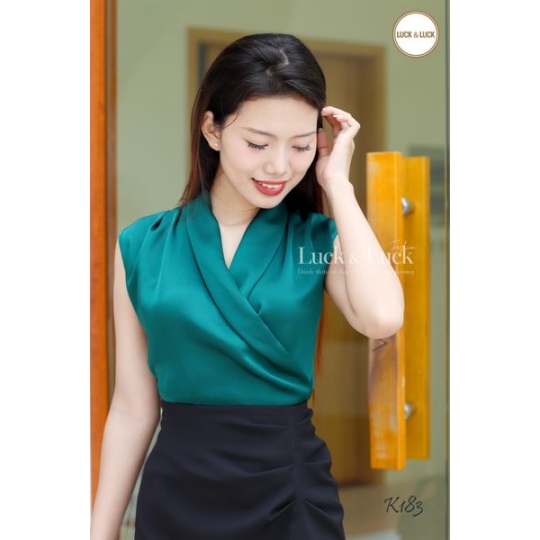 Áo lụa cổ V vạt chéo - Màu Xanh ve chai