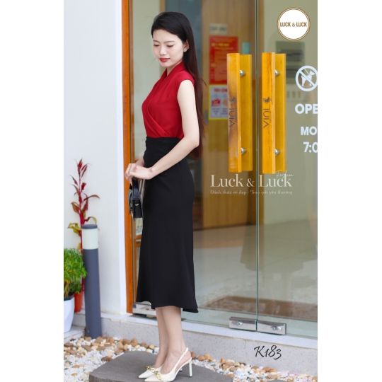 Áo lụa cổ V vạt chéo - Màu kem Đỏ