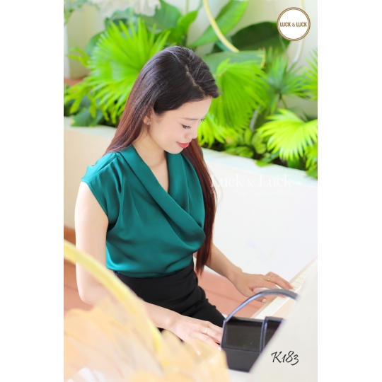 Áo lụa cổ V vạt chéo - Màu Xanh ve chai