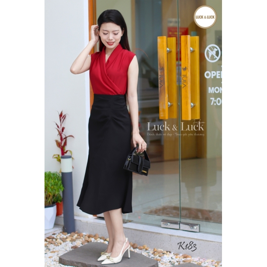 Áo lụa cổ V vạt chéo - Màu kem Đỏ