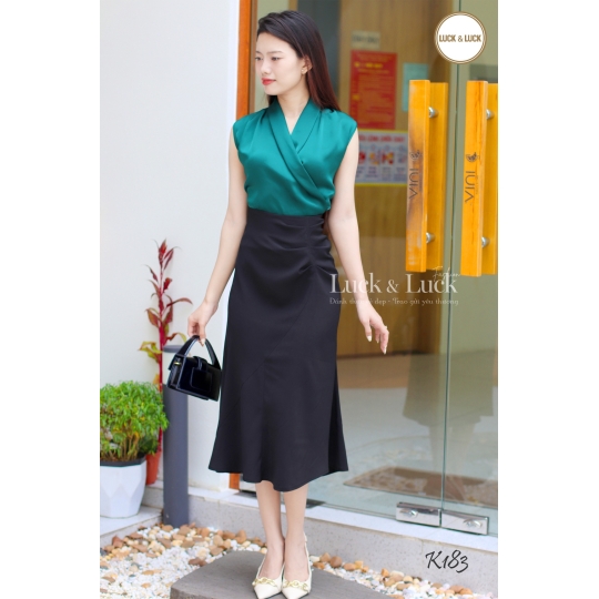 Áo lụa cổ V vạt chéo - Màu Xanh ve chai