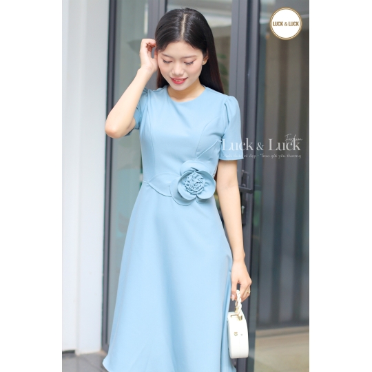 Đầm công sở kết hoa eo - Màu Xanh
