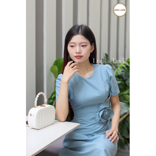 Đầm công sở kết hoa eo - Màu Xanh