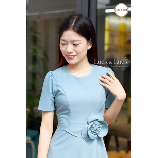 Đầm công sở kết hoa eo - Màu Xanh