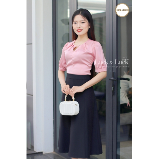 Áo lụa ngắn tay cổ v - Màu Hồng
