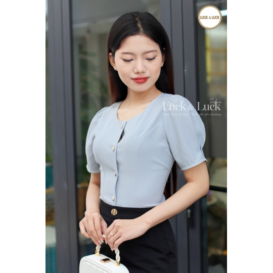Áo kiểu cổ tròn nút vàng - Màu Xám