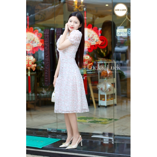 Đầm hoa cổ Vuông - Màu Hồng