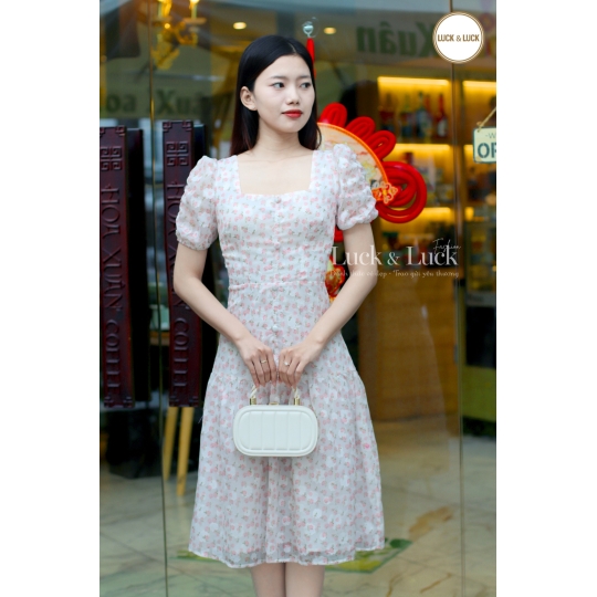 Đầm hoa cổ Vuông - Màu Hồng