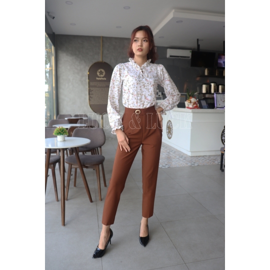 Áo sơ mi hoa tay dài phối nơ cổ