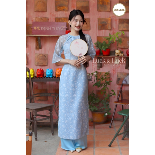 Áo dài hoa tay lỡ - Màu Xanh Dương