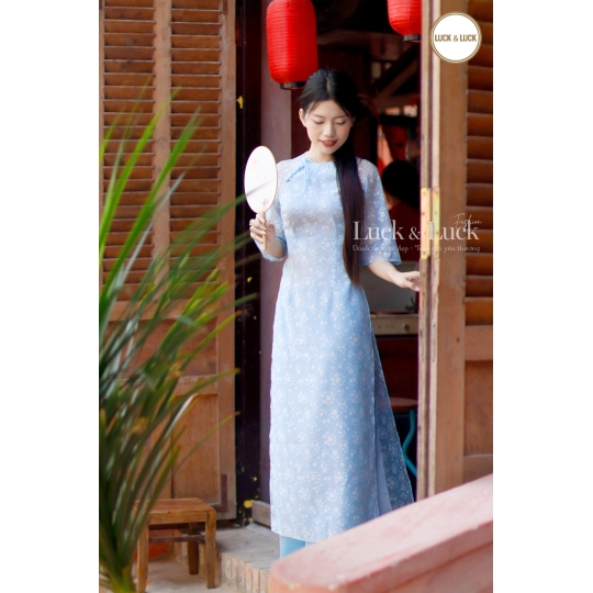 Áo dài hoa tay lỡ - Màu Xanh Dương