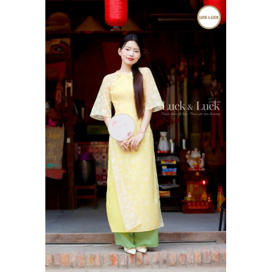 Áo dài hoa tay lỡ - Màu Vàng