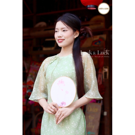 Áo dài hoa tay lỡ - Màu Xanh Lá