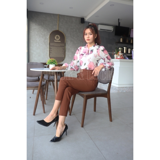Áo sơ mi hoa tay dài phối nơ cổ