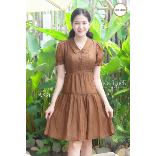 Đầm cổ sen tay phồng - Màu nâu