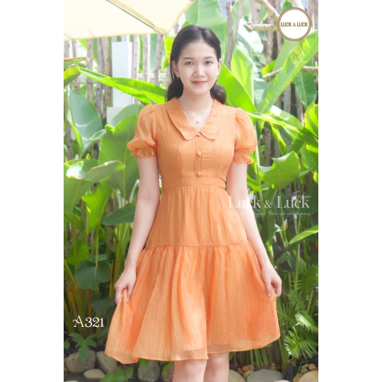 Đầm cổ sen tay phồng - Màu Cam