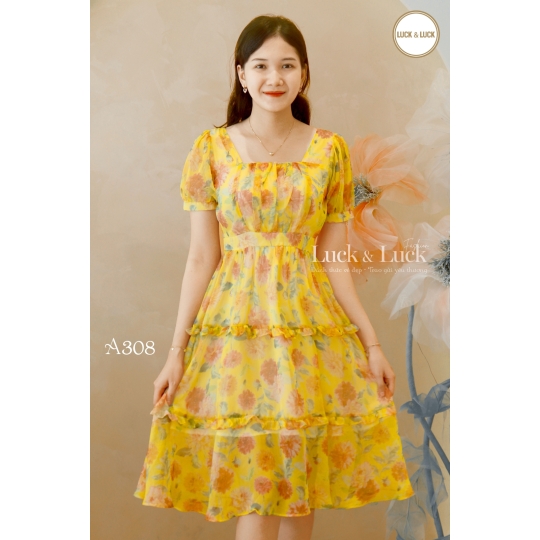Váy công sở nữ liền thân đầm xòe thiết kế thắt eo dáng dài sang chảnh chất tơ họa tiết
