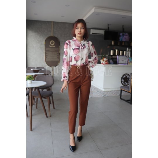 Áo sơ mi hoa tay dài phối nơ cổ
