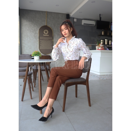Áo sơ mi hoa tay dài phối nơ cổ